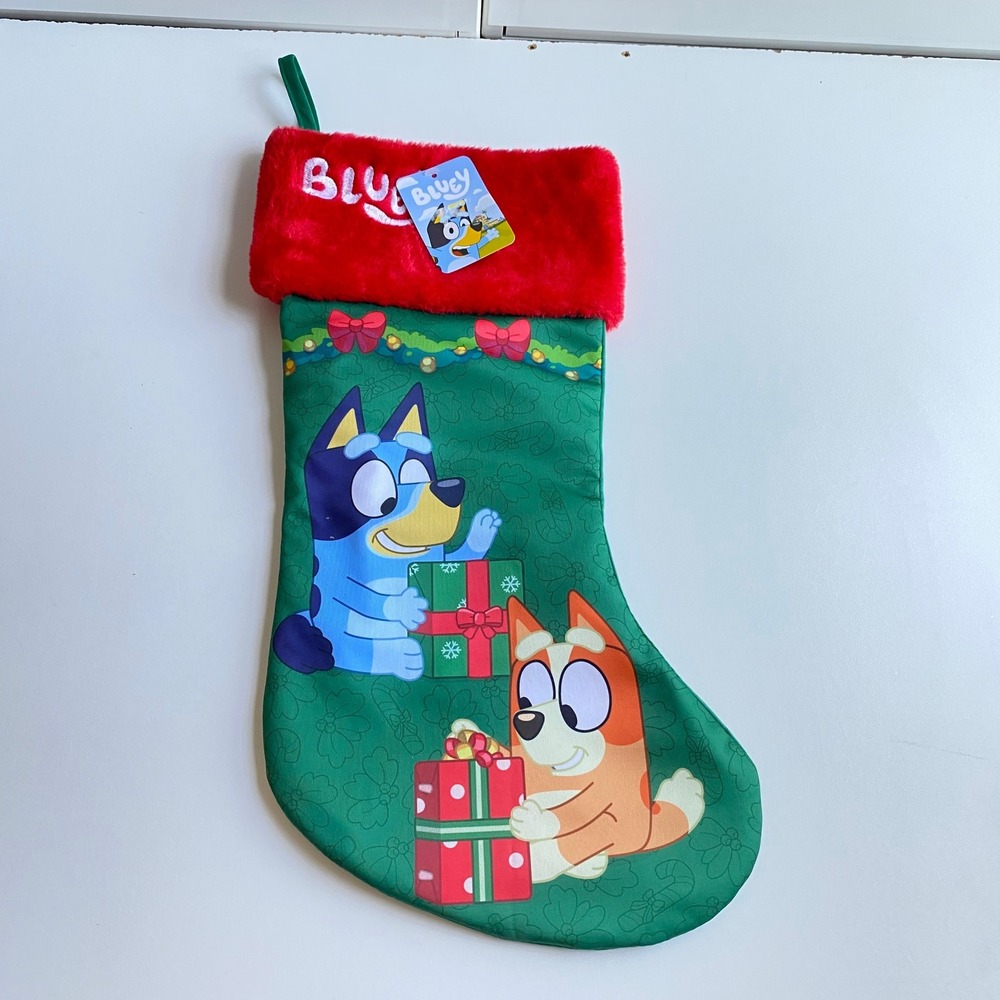 Bluey Bingo‎ Christmas Stocking 19" Green Red Faux Fur Cuffed Holiday